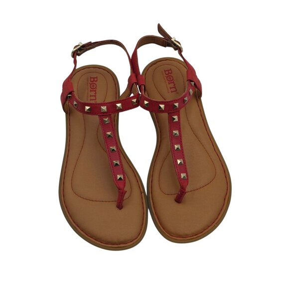 Women's - Born Adana Red Leather Studded T-Strap Sandals, Size 6 - Picture 1 of 5